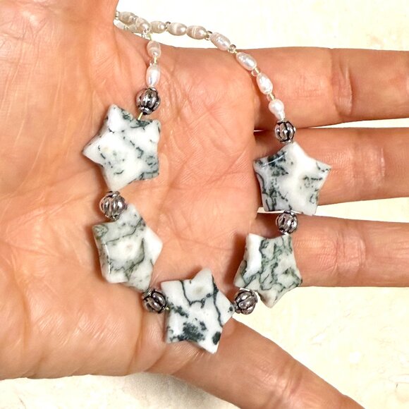 Starry Night Necklace, Genuine White Green Tree Agate Stars & Freshwater Pearls - Picture 12 of 12